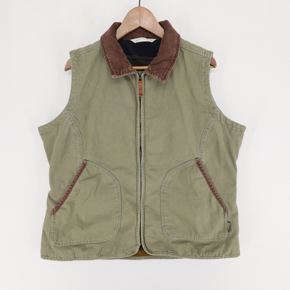 Woolrich Vest Womens XL Green Canvas Fleece Lined Corduroy Collar Full Zip